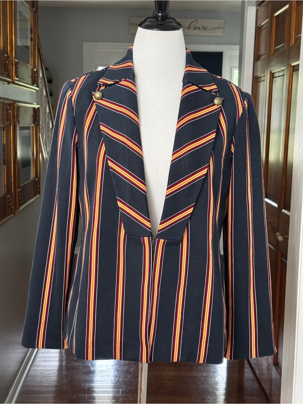 Chico’s Navy Burgundy Striped Stretch Lined Blazer 2 Sz 12 Military Style Brass